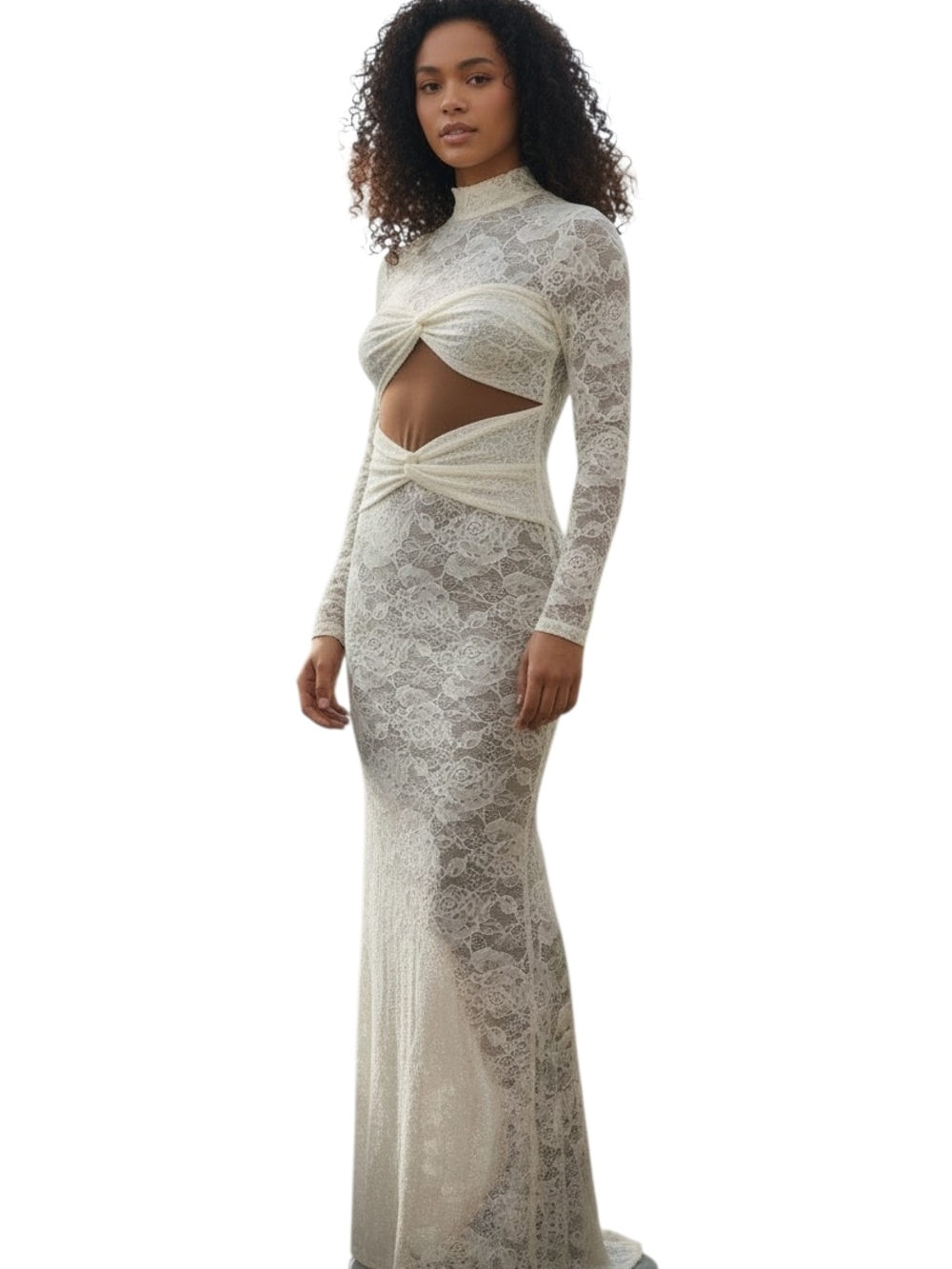 SHEIN Cream Lace Long Sleeve Cutout Maxi Dress